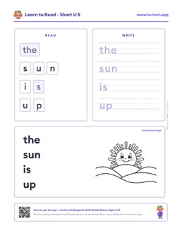 Free printable short vowels phonics worksheet: “the sun is up” (UFLI lessons 35–41), kindergarten and 1st grade