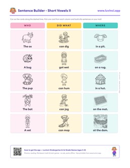 Free printable short vowels cut-out sentence building worksheet: “Sentence Builder - Short Vowels II” (UFLI lessons 35–41), kindergarten and 1st grade