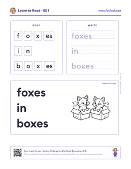 Free printable suffixes phonics worksheet: “foxes in boxes” (UFLI lessons 63–68), kindergarten and 1st grade