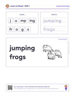 Free printable suffixes phonics worksheet: “jumping frogs” (UFLI lessons 63–68), kindergarten and 1st grade