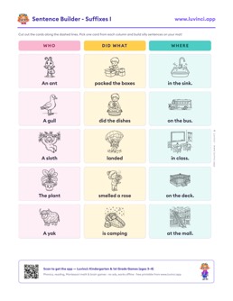 Free printable suffixes cut-out sentence building worksheet: “Sentence Builder - Suffixes I” (UFLI lessons 63–68), kindergarten and 1st grade