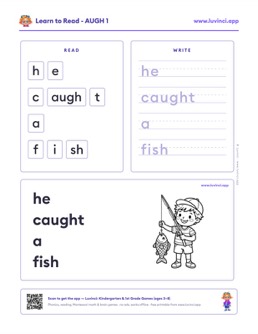 Free printable tricky spellings phonics worksheet: “he caught a fish” (UFLI lessons 89–94), kindergarten and 1st grade