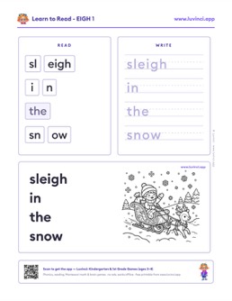 Free printable tricky spellings phonics worksheet: “sleigh in the snow”, kindergarten and 1st grade