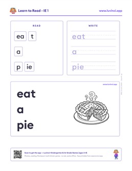 Free printable vowel patterns phonics worksheet: “eat a pie” (UFLI lessons 84–88), kindergarten and 1st grade