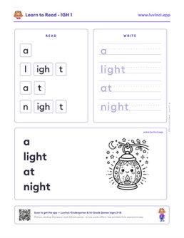 Free printable vowel patterns phonics worksheet: “a light at night” (UFLI lessons 84–88), kindergarten and 1st grade