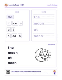 Free printable vowel patterns phonics worksheet: “the moon at noon” (UFLI lessons 89–94), kindergarten and 1st grade