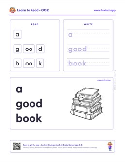 Free printable vowel patterns phonics worksheet: “a good book” (UFLI lessons 89–94), kindergarten and 1st grade