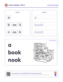 Free printable vowel patterns phonics worksheet: “a book nook” (UFLI lessons 89–94), kindergarten and 1st grade