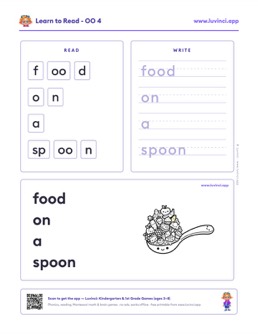 Free printable vowel patterns phonics worksheet: “food on a spoon” (UFLI lessons 89–94), kindergarten and 1st grade
