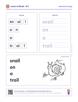 Free printable vowel teams phonics worksheet: “snail on a trail” (UFLI lessons 84–88), kindergarten and 1st grade