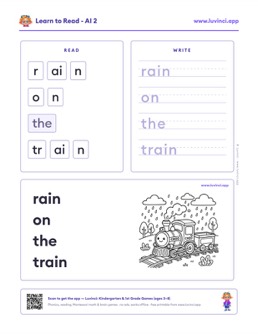 Free printable vowel teams phonics worksheet: “rain on the train” (UFLI lessons 84–88), kindergarten and 1st grade