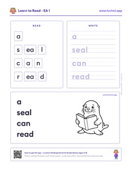 Free printable vowel teams phonics worksheet: “a seal can read” (UFLI lessons 84–88), kindergarten and 1st grade