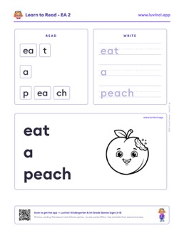 Free printable vowel teams phonics worksheet: “eat a peach” (UFLI lessons 84–88), kindergarten and 1st grade