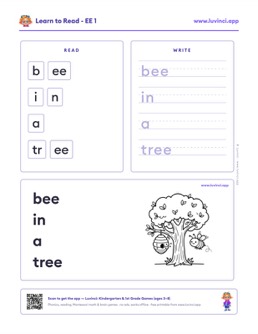 Free printable vowel teams phonics worksheet: “bee in a tree” (UFLI lessons 84–88), kindergarten and 1st grade