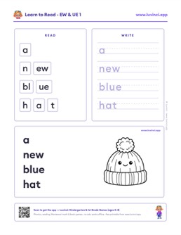 Free printable vowel teams phonics worksheet: “a new blue hat” (UFLI lessons 89–94), kindergarten and 1st grade