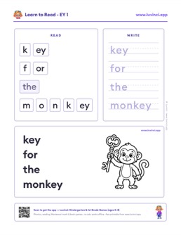 Free printable vowel teams phonics worksheet: “key for the monkey” (UFLI lessons 84–88), kindergarten and 1st grade