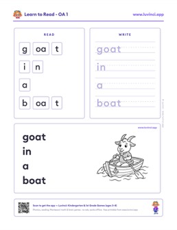 Free printable vowel teams phonics worksheet: “goat in a boat” (UFLI lessons 84–88), kindergarten and 1st grade