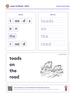 Free printable vowel teams phonics worksheet: “toads on the road” (UFLI lessons 84–88), kindergarten and 1st grade
