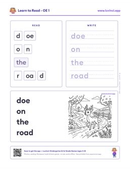Free printable vowel teams phonics worksheet: “doe on the road” (UFLI lessons 84–88), kindergarten and 1st grade