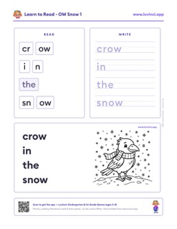 Free printable vowel teams phonics worksheet: “crow in the snow” (UFLI lessons 84–88), kindergarten and 1st grade