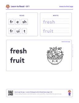 Free printable vowel teams phonics worksheet: “fresh fruit” (UFLI lessons 89–94), kindergarten and 1st grade