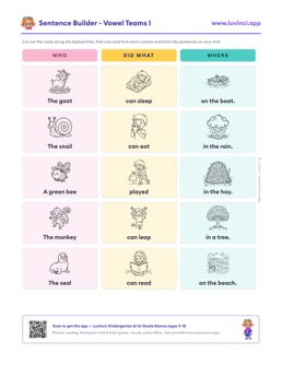 Free printable vowel teams cut-out sentence building worksheet: “Sentence Builder - Vowel Teams I” (UFLI lessons 84–88), kindergarten and 1st grade
