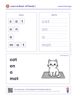 Free printable word families phonics worksheet: “cat on a mat” (UFLI lessons 1–34), pre-K and kindergarten