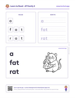 Free printable word families phonics worksheet: “a fat rat” (UFLI lessons 1–34), pre-K and kindergarten