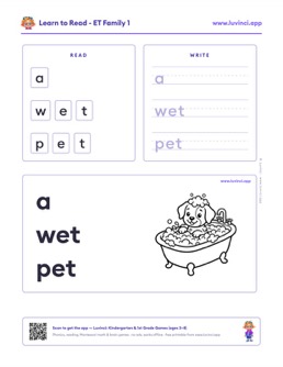 Free printable word families phonics worksheet: “a wet pet” (UFLI lessons 1–34), pre-K and kindergarten