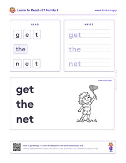 Free printable word families phonics worksheet: “get the net” (UFLI lessons 1–34), pre-K and kindergarten