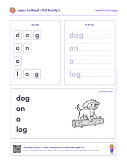 Free printable word families phonics worksheet: “dog on a log” (UFLI lessons 1–34), pre-K and kindergarten