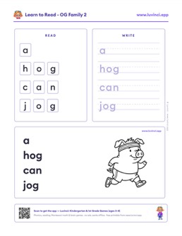 Free printable word families phonics worksheet: “a hog can jog” (UFLI lessons 1–34), pre-K and kindergarten