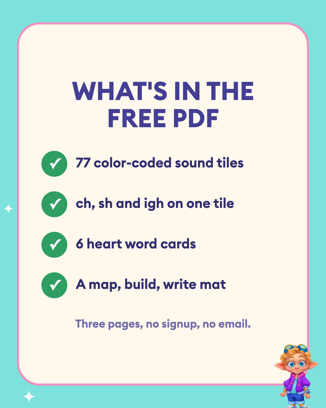 What is in the free printable letter tiles PDF: 77 color-coded sound tiles, multi-letter tiles like ch, sh and igh, six heart word cards, and a map, build, write mat.